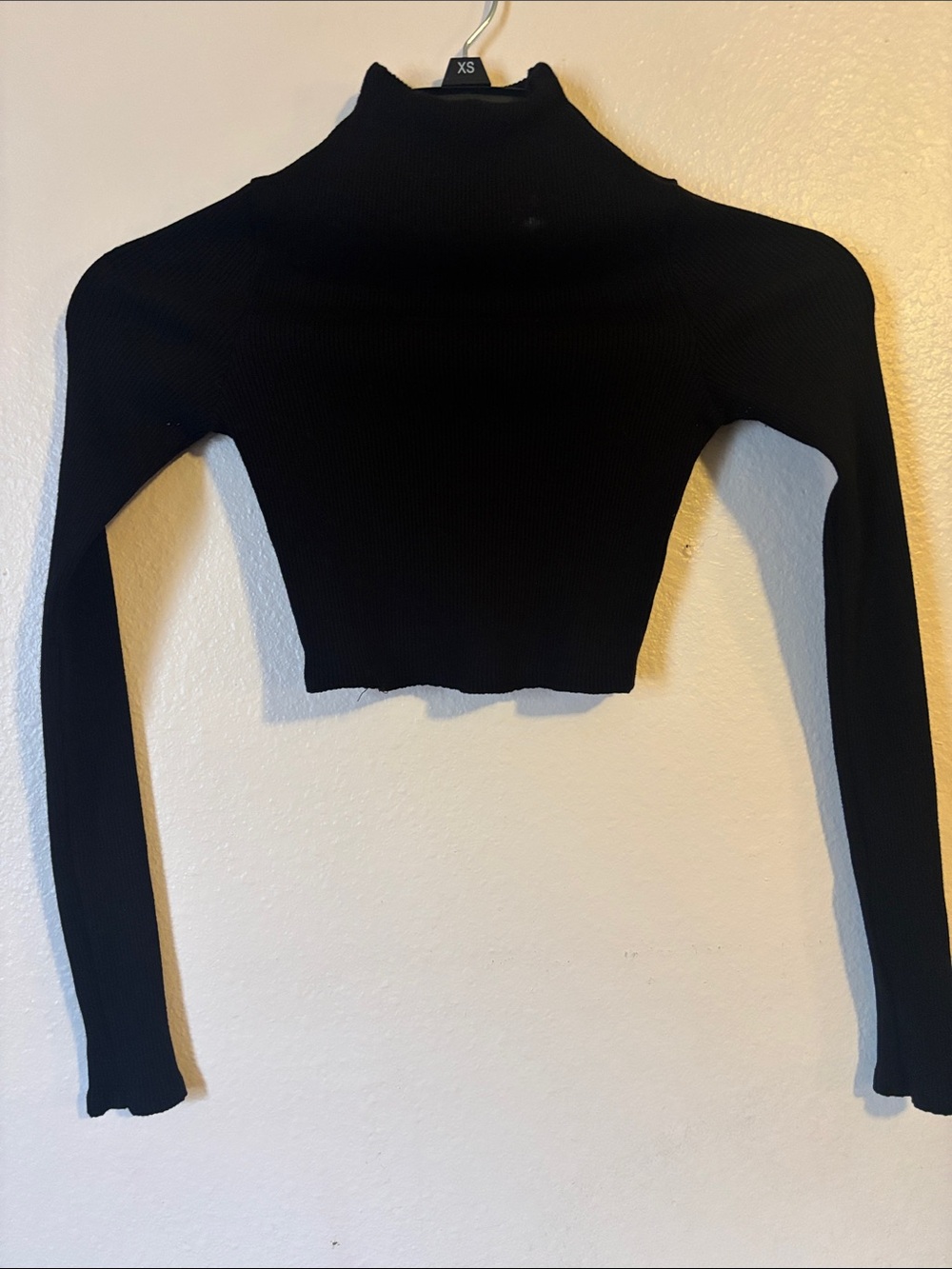 Black Cropped Ribbed Turtleneck Long Sleeve Top